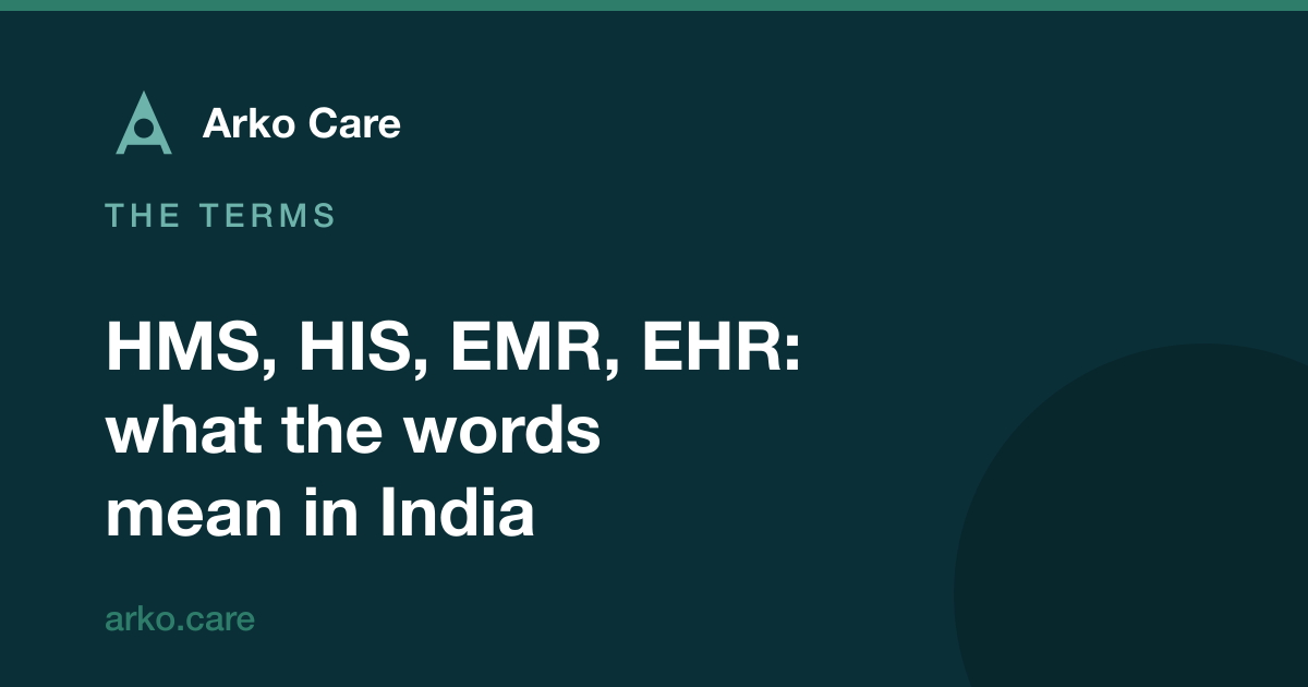 Arko Care article card: HMS, HIS, EMR, EHR — what the terms mean in India